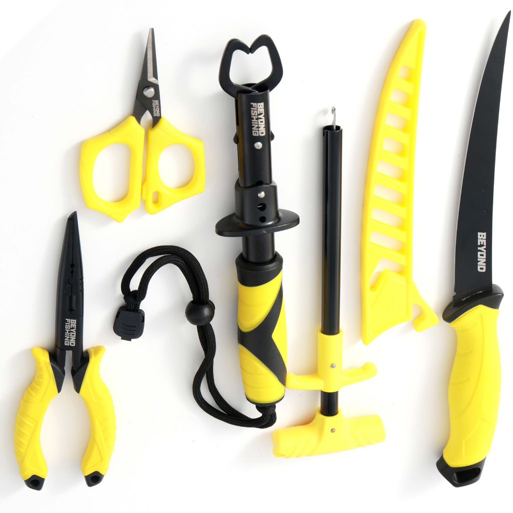 Beyond Braid Fishing 5-Piece Fishing Tool Kit - Pliers, Fillet Knife, Hook Remover, Lip Gripper, and Braid Scissors